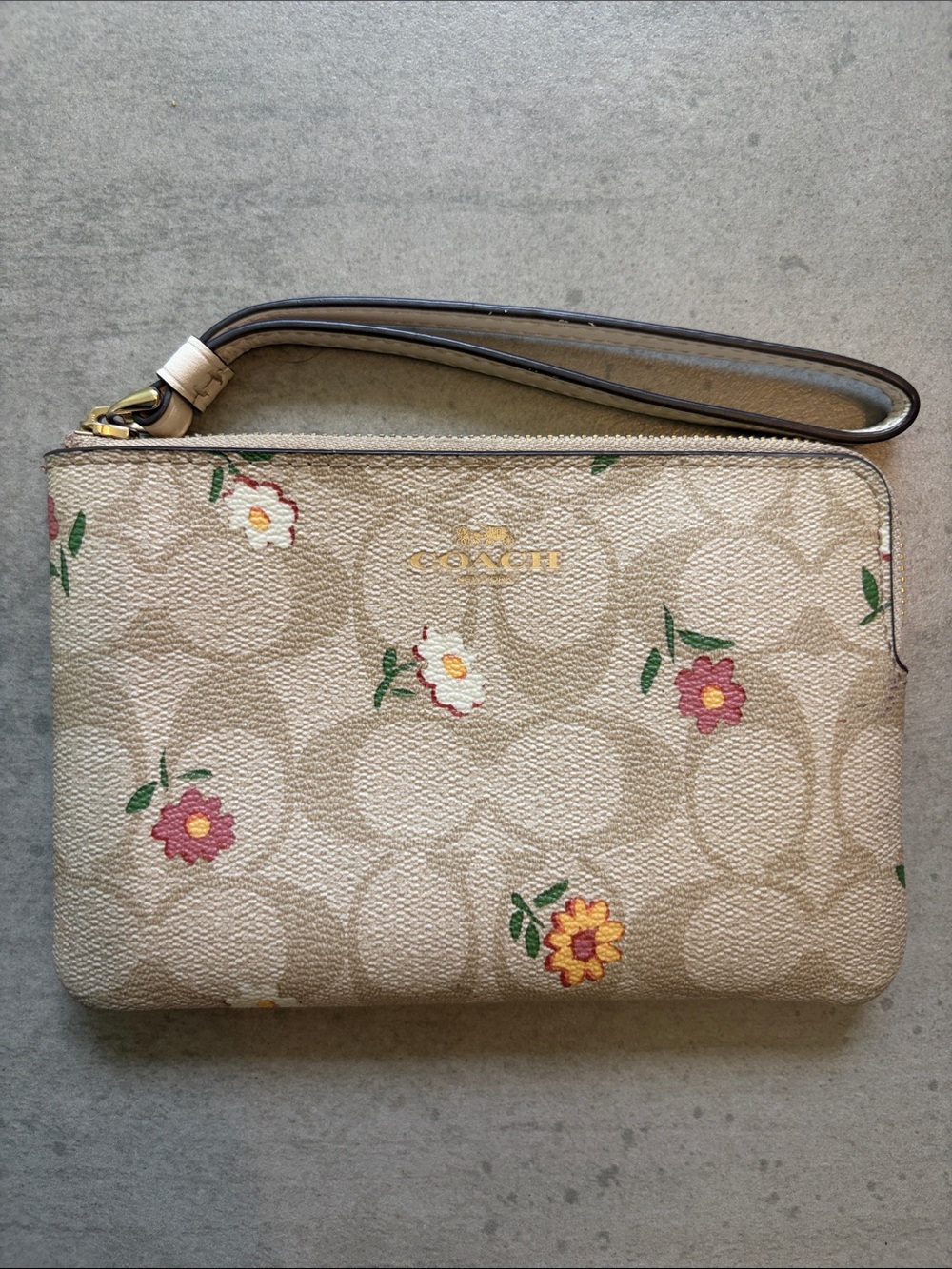 Coach Beige Signature Floral Wristlet